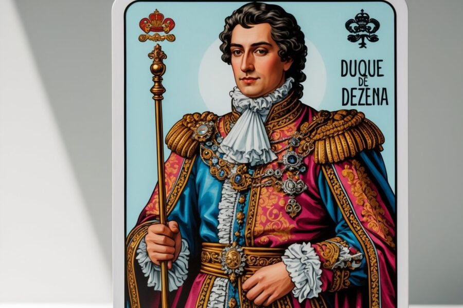 Carta de baralho mostrando um nobre com traje tradicional e detalhes ornamentados.