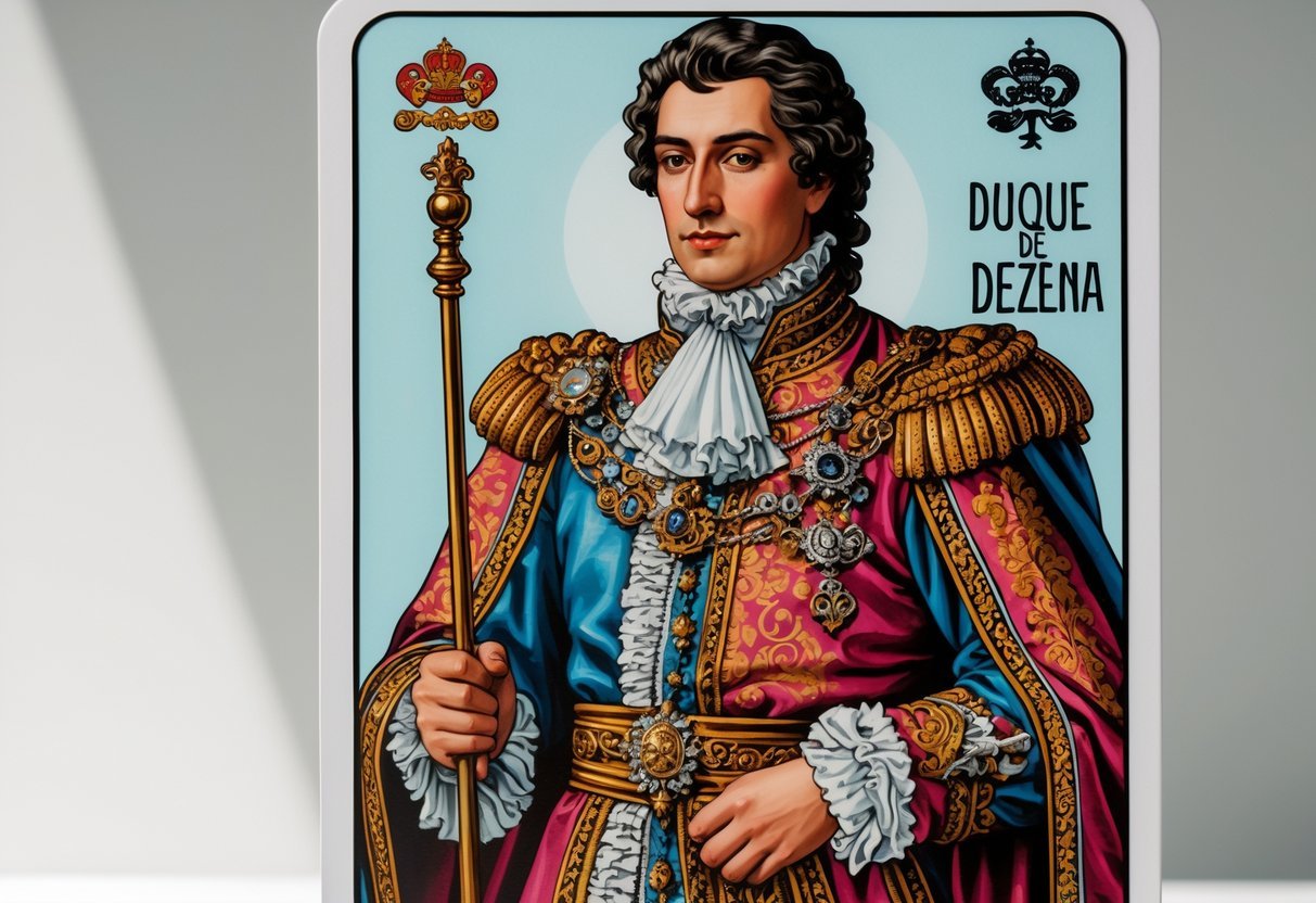 Carta de baralho mostrando um nobre com traje tradicional e detalhes ornamentados.