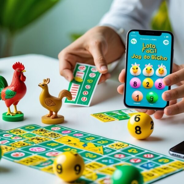 Mãos segurando bilhetes de loteria coloridos e miniaturas de animais sobre uma mesa, com um smartphone exibindo um aplicativo de loteria ao fundo.