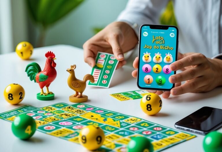 Mãos segurando bilhetes de loteria coloridos e miniaturas de animais sobre uma mesa, com um smartphone exibindo um aplicativo de loteria ao fundo.