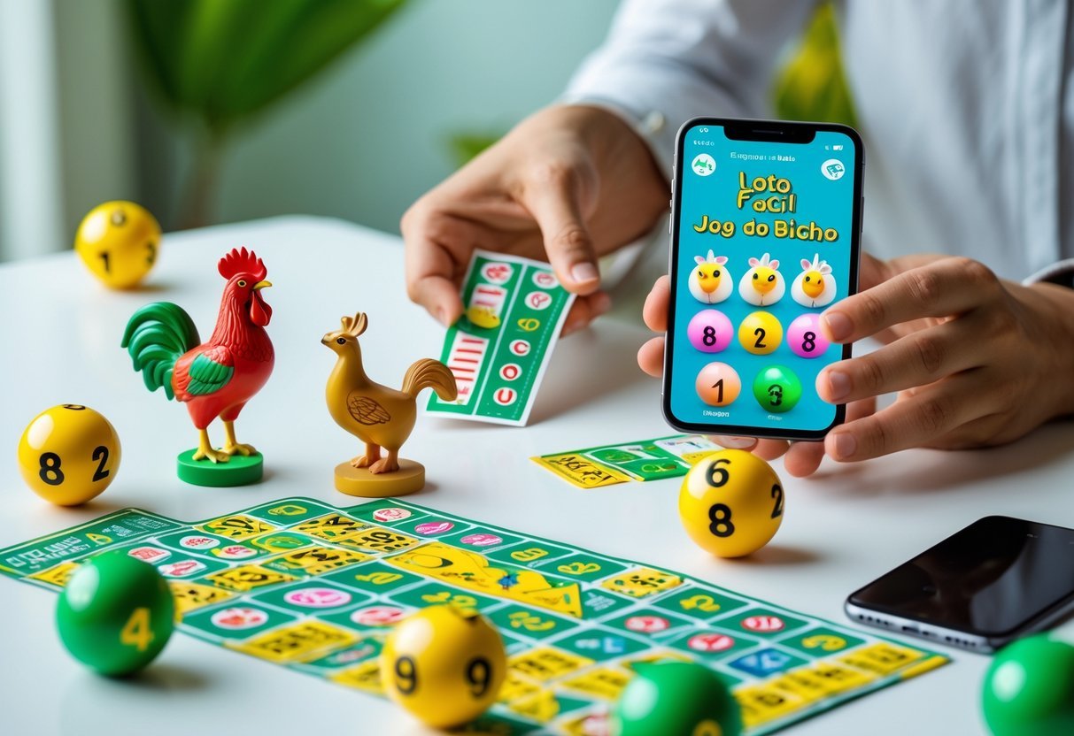 Mãos segurando bilhetes de loteria coloridos e miniaturas de animais sobre uma mesa, com um smartphone exibindo um aplicativo de loteria ao fundo.