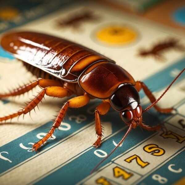 Uma barata realista sobre uma superfície que lembra um bilhete de jogo do bicho com números e símbolos de animais ao fundo.