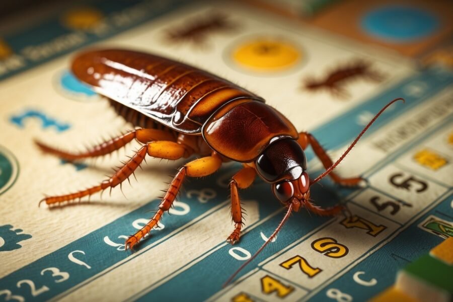 Uma barata realista sobre uma superfície que lembra um bilhete de jogo do bicho com números e símbolos de animais ao fundo.