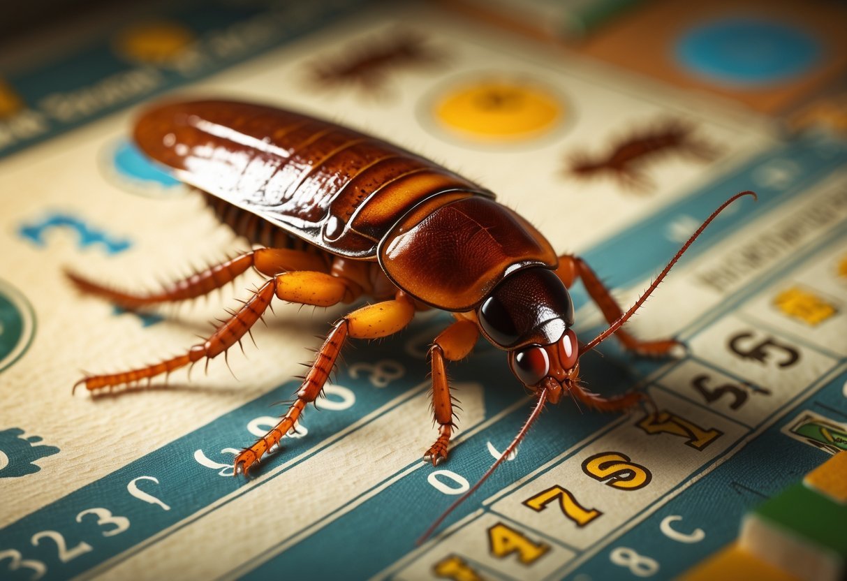 Uma barata realista sobre uma superfície que lembra um bilhete de jogo do bicho com números e símbolos de animais ao fundo.