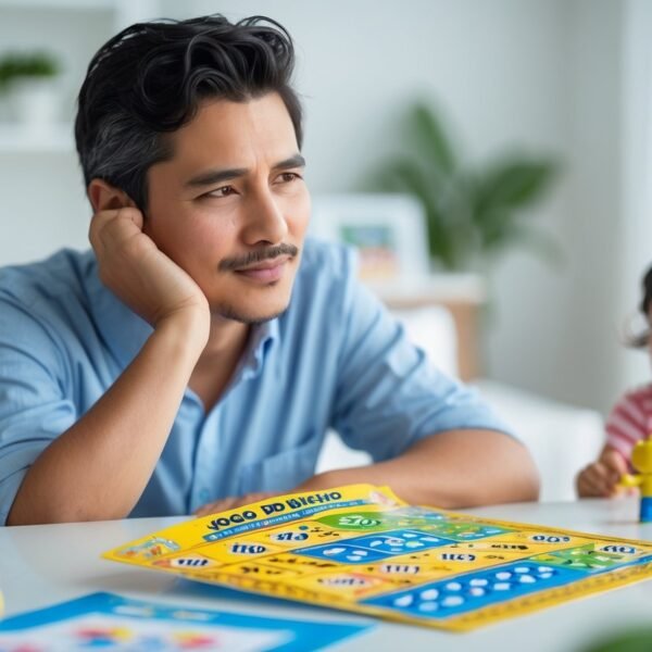Pessoa pensativa olhando para um bilhete colorido do jogo do bicho com um brinquedo infantil ao lado.