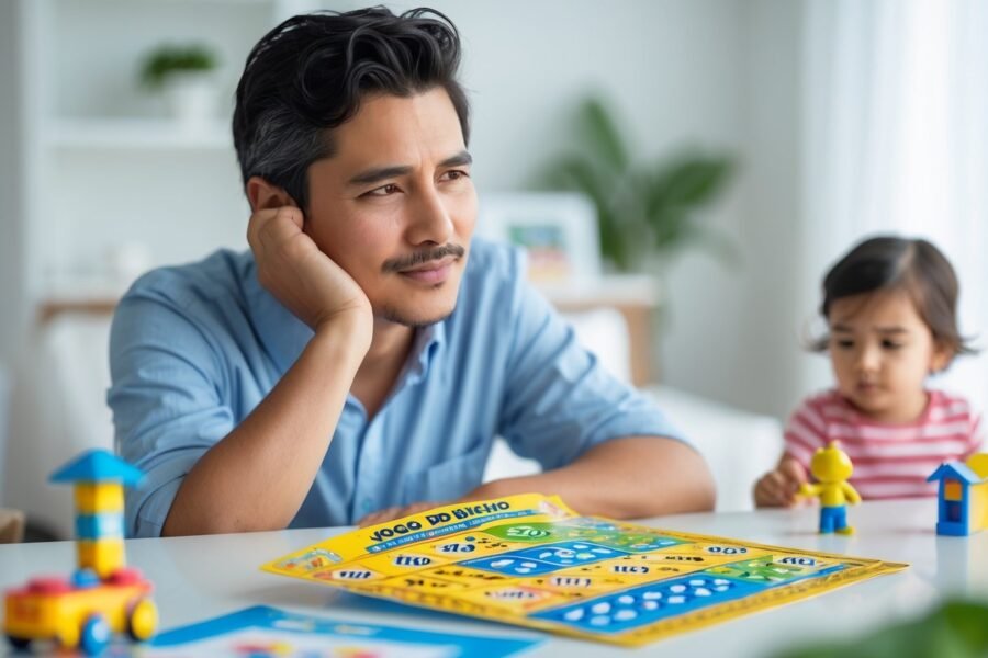 Pessoa pensativa olhando para um bilhete colorido do jogo do bicho com um brinquedo infantil ao lado.