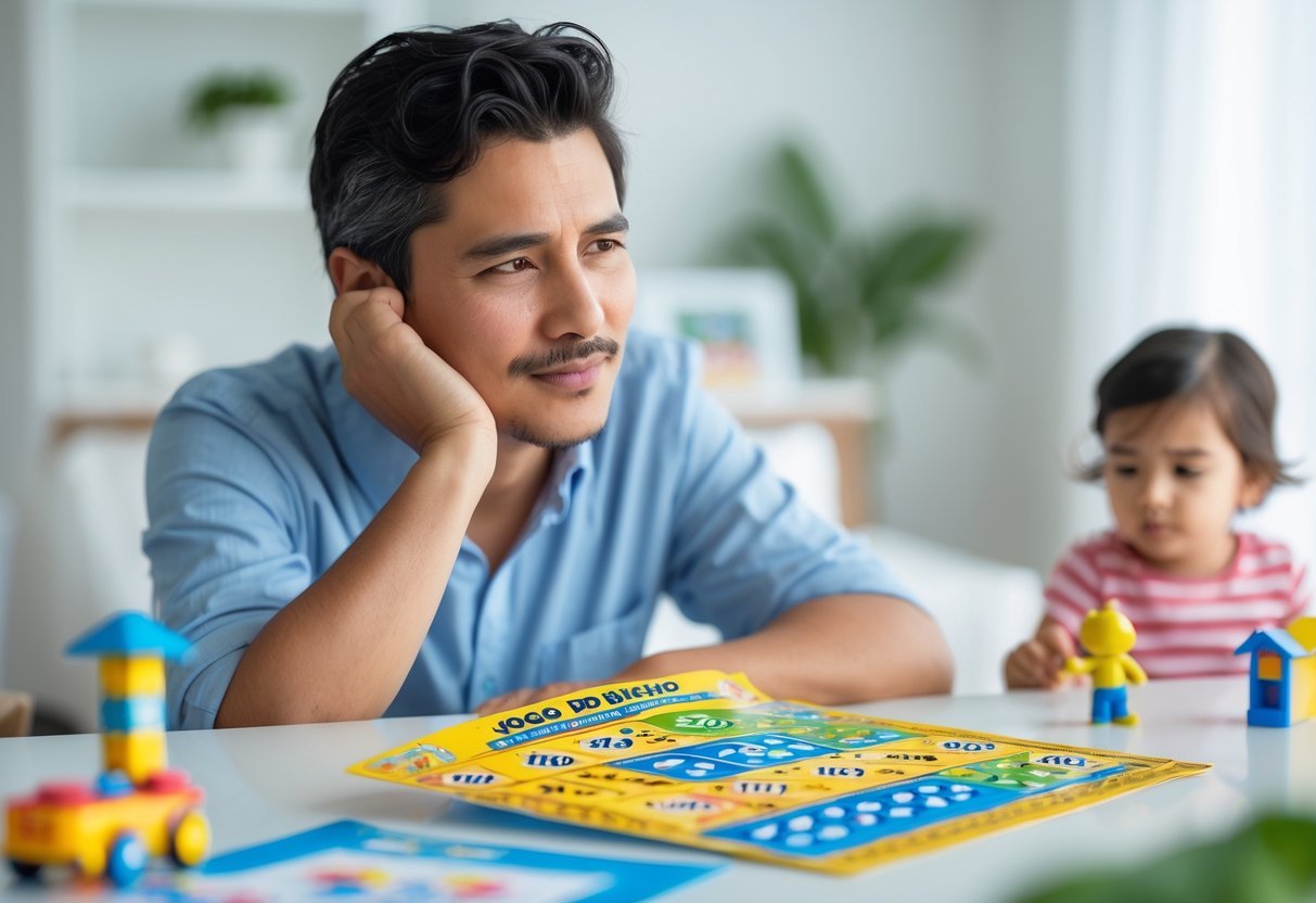 Pessoa pensativa olhando para um bilhete colorido do jogo do bicho com um brinquedo infantil ao lado.