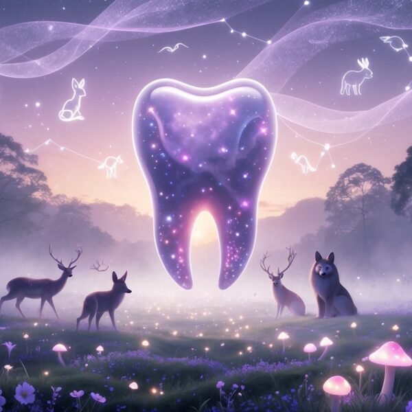 Um dente grande e brilhante flutua sobre um chão de floresta enevoada com flores luminosas. Animais como veado, raposa, águia e macaco aparecem ao redor, em meio a uma névoa mágica sob um céu estrelado e colorido.
