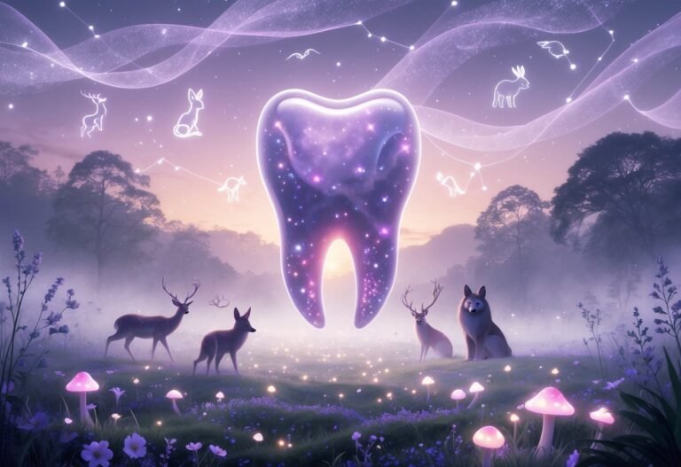 Um dente grande e brilhante flutua sobre um chão de floresta enevoada com flores luminosas. Animais como veado, raposa, águia e macaco aparecem ao redor, em meio a uma névoa mágica sob um céu estrelado e colorido.