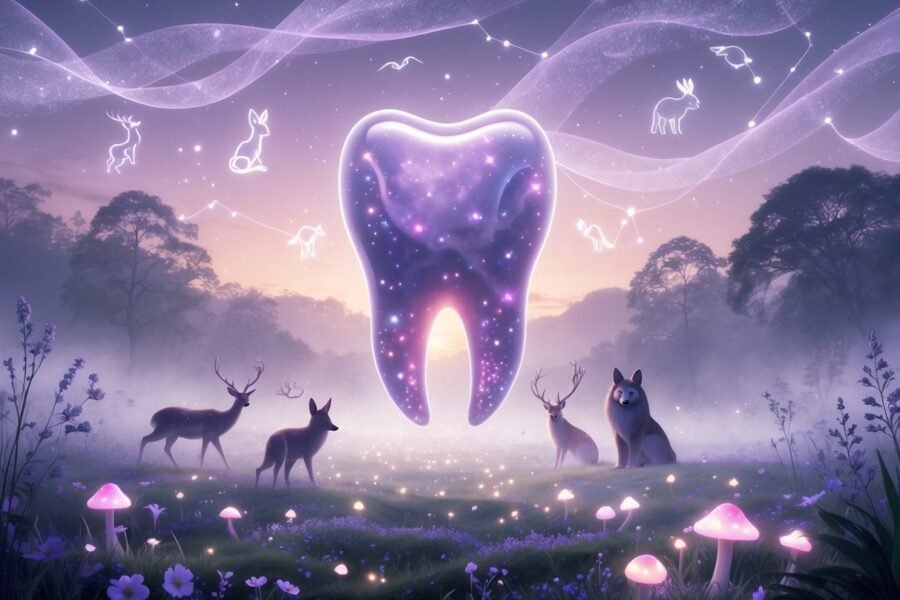 Um dente grande e brilhante flutua sobre um chão de floresta enevoada com flores luminosas. Animais como veado, raposa, águia e macaco aparecem ao redor, em meio a uma névoa mágica sob um céu estrelado e colorido.