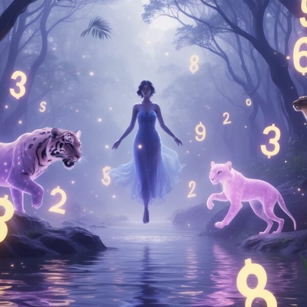 Figura mística flutuando em uma paisagem de floresta iluminada por espíritos de animais brilhantes, com símbolos luminosos ao redor.