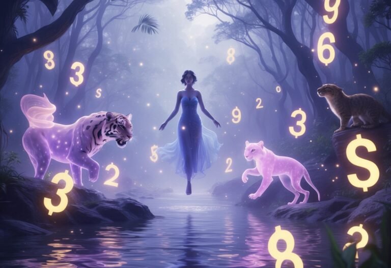 Figura mística flutuando em uma paisagem de floresta iluminada por espíritos de animais brilhantes, com símbolos luminosos ao redor.