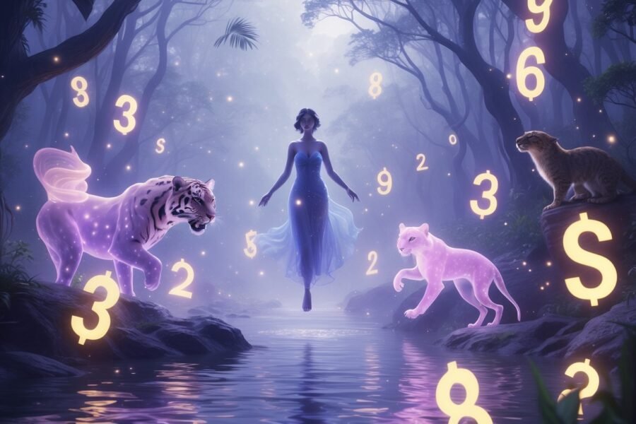 Figura mística flutuando em uma paisagem de floresta iluminada por espíritos de animais brilhantes, com símbolos luminosos ao redor.