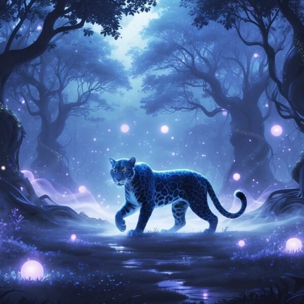 Uma floresta mística ao entardecer com um jaguar brilhante e translúcido surgindo entre névoa e luzes suaves.