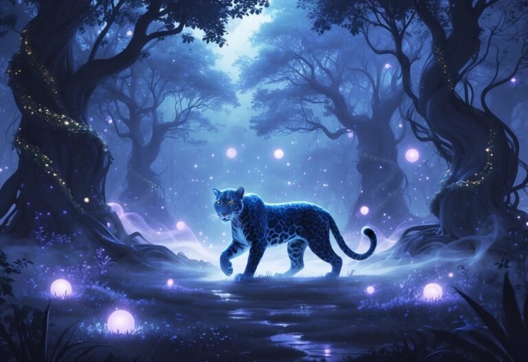 Uma floresta mística ao entardecer com um jaguar brilhante e translúcido surgindo entre névoa e luzes suaves.