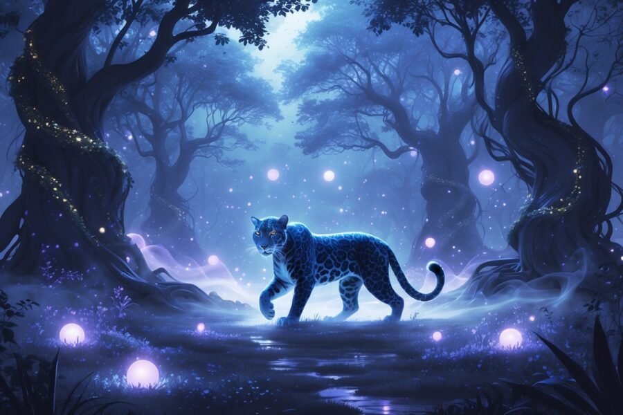 Uma floresta mística ao entardecer com um jaguar brilhante e translúcido surgindo entre névoa e luzes suaves.