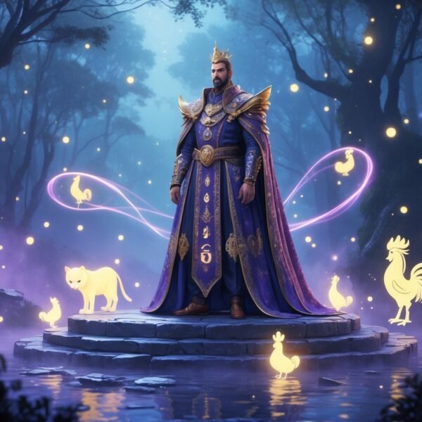 Um duque majestoso em trajes elaborados, em pé sobre um pedestal antigo cercado por animais místicos em uma floresta encantada com luz suave e névoa.