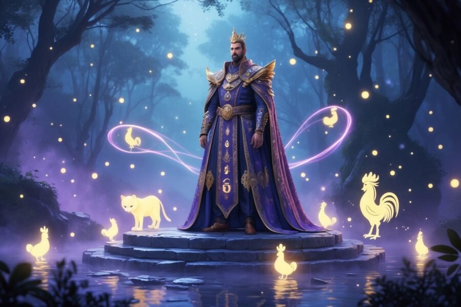 Um duque majestoso em trajes elaborados, em pé sobre um pedestal antigo cercado por animais místicos em uma floresta encantada com luz suave e névoa.