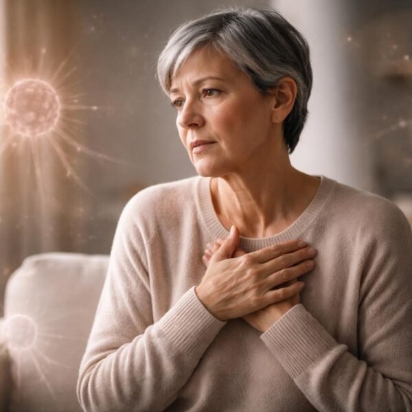 Pessoa pensativa sentada sozinha em um ambiente tranquilo, com expressão preocupada e mãos sobre o peito.