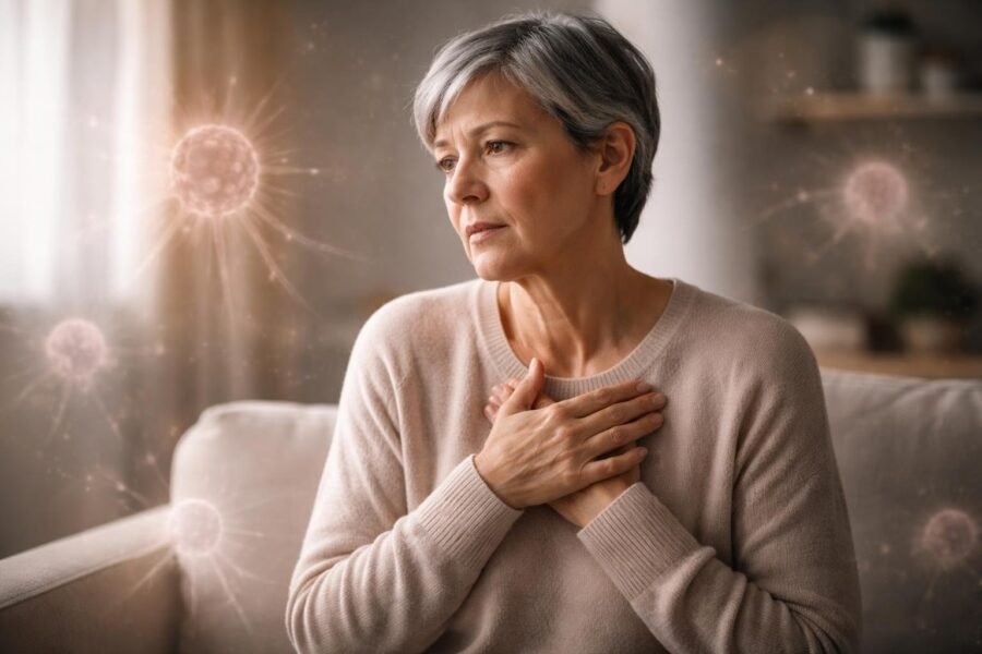 Pessoa pensativa sentada sozinha em um ambiente tranquilo, com expressão preocupada e mãos sobre o peito.