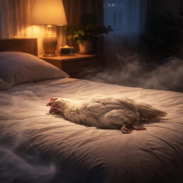 Quarto tranquilo à noite com uma galinha branca morta repousando sobre a cama, cercada por névoas suaves que sugerem um sonho.