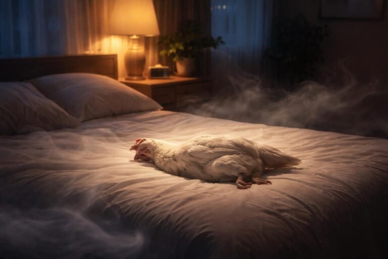 Quarto tranquilo à noite com uma galinha branca morta repousando sobre a cama, cercada por névoas suaves que sugerem um sonho.
