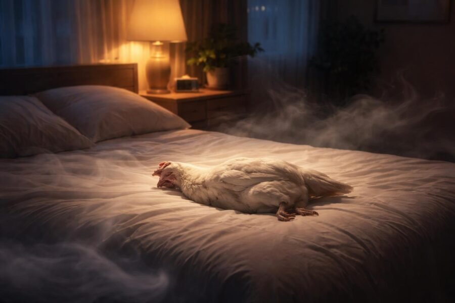 Quarto tranquilo à noite com uma galinha branca morta repousando sobre a cama, cercada por névoas suaves que sugerem um sonho.