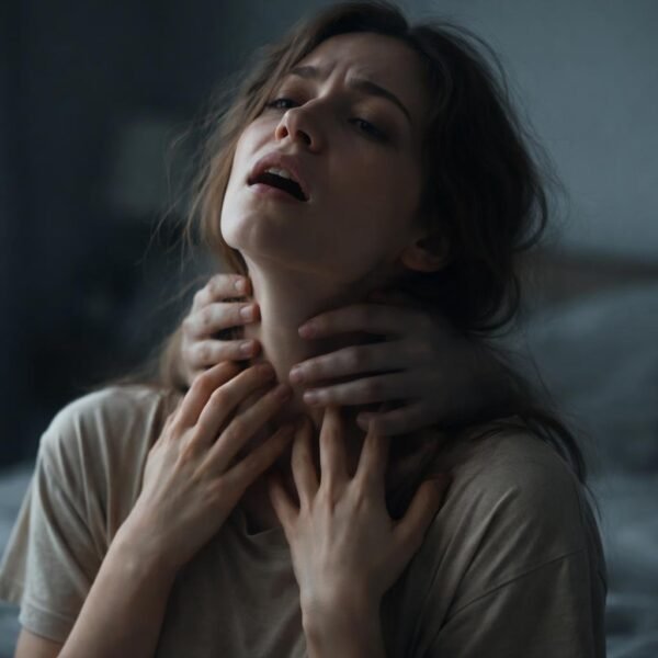 Pessoa com expressão de medo e confusão, tentando tirar as mãos invisíveis que parecem estar apertando seu pescoço.