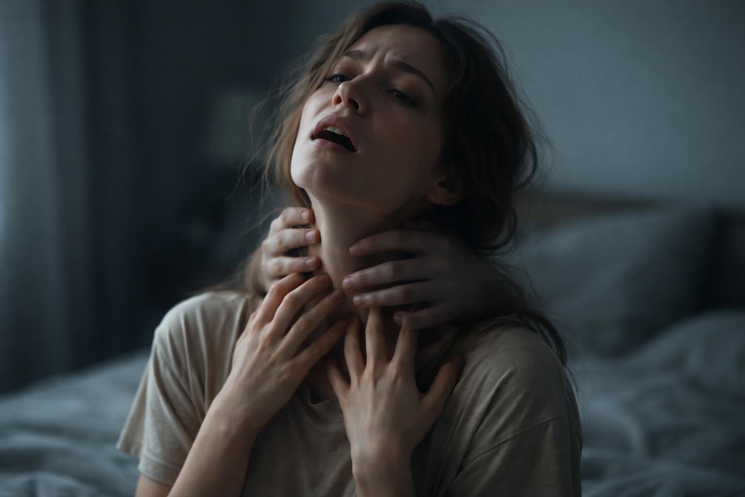 Pessoa com expressão de medo e confusão, tentando tirar as mãos invisíveis que parecem estar apertando seu pescoço.