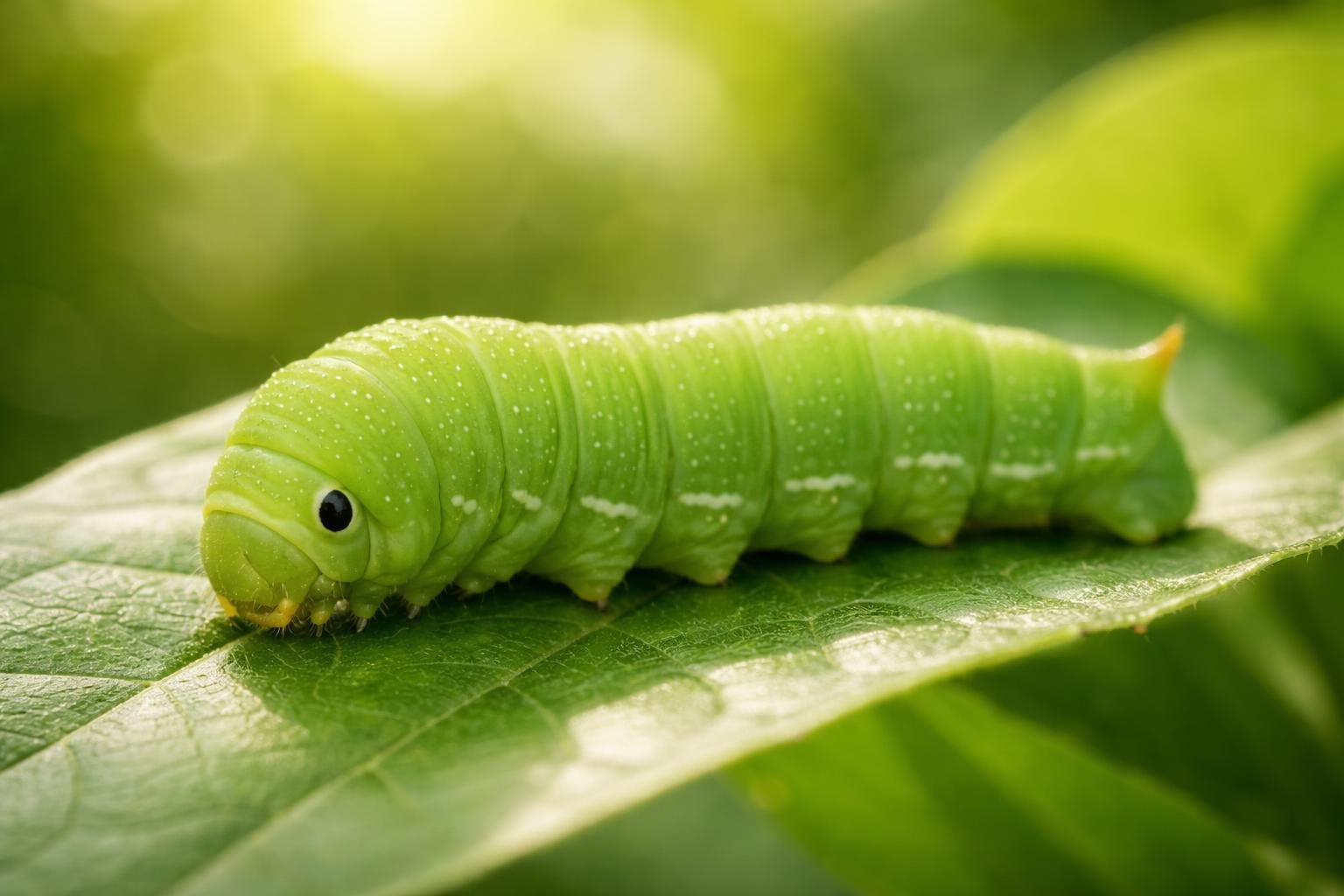 Uma lagarta verde descansando em uma folha verde com fundo desfocado de plantas.