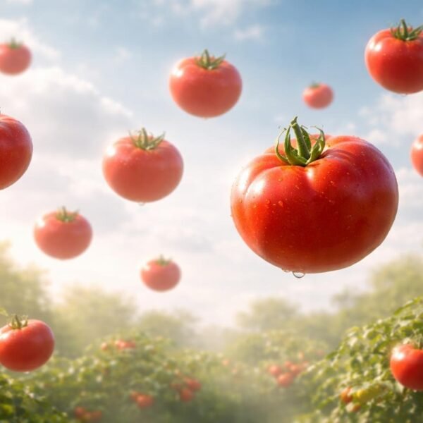 Tomates vermelhos flutuando suavemente em um céu com nuvens, com um jardim verde desfocado ao fundo.