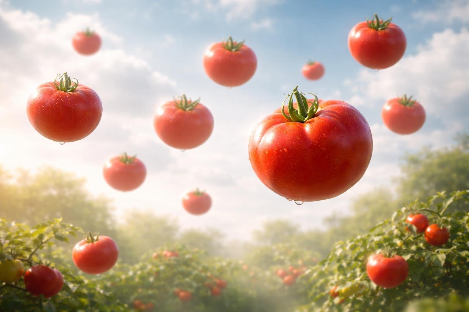 Tomates vermelhos flutuando suavemente em um céu com nuvens, com um jardim verde desfocado ao fundo.