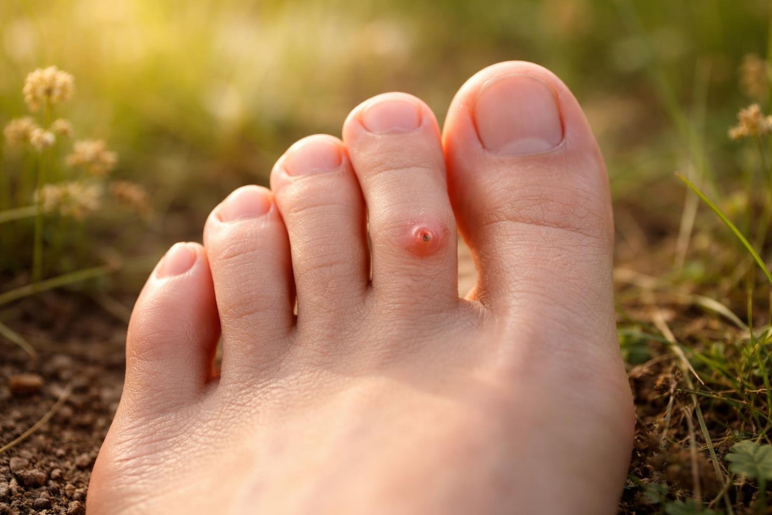 Pé descalço com uma pequena bolinha vermelha entre os dedos, sobre o solo com grama ao fundo.