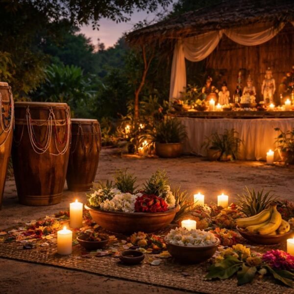 Um terreiro de macumba ao ar livre com tambores, velas acesas, frutas e enfeites naturais em um altar simples, cercado por vegetação.