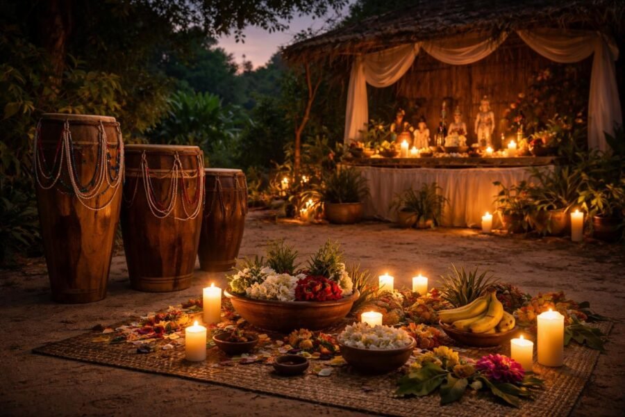 Um terreiro de macumba ao ar livre com tambores, velas acesas, frutas e enfeites naturais em um altar simples, cercado por vegetação.