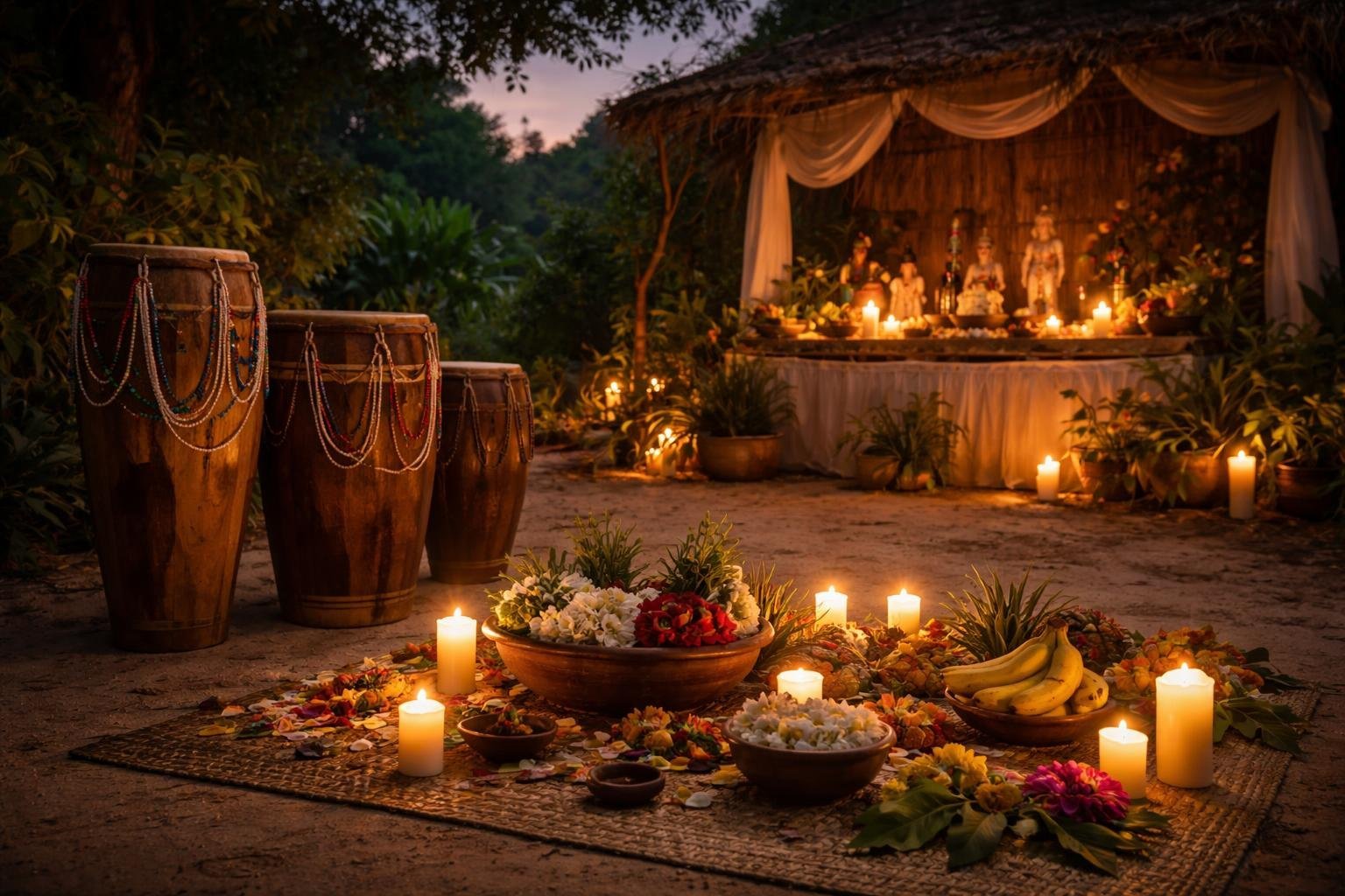 Um terreiro de macumba ao ar livre com tambores, velas acesas, frutas e enfeites naturais em um altar simples, cercado por vegetação.