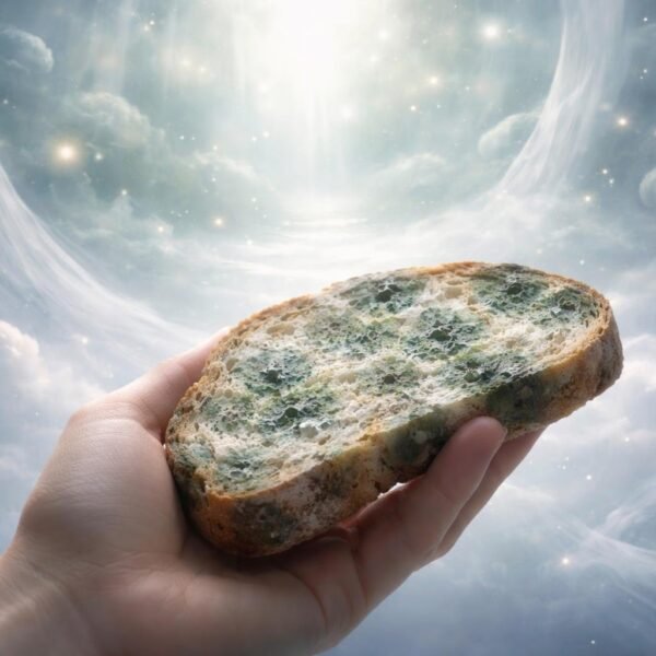Pessoa segurando um pedaço de pão mofado em um ambiente espiritual nebuloso e iluminado.