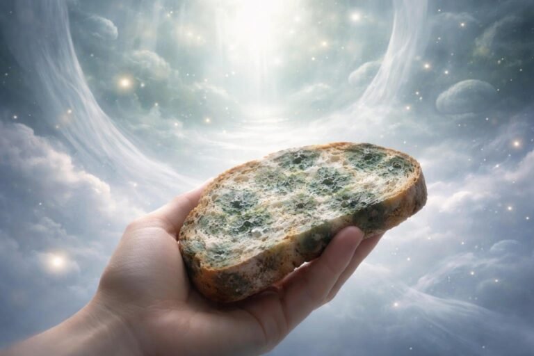 Pessoa segurando um pedaço de pão mofado em um ambiente espiritual nebuloso e iluminado.