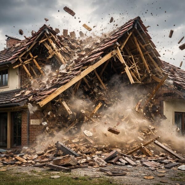 Telhado de uma casa residencial caindo, com destroços espalhados e céu nublado ao fundo.