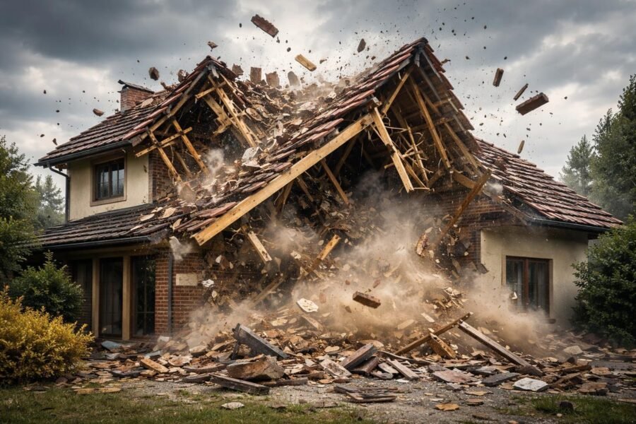 Telhado de uma casa residencial caindo, com destroços espalhados e céu nublado ao fundo.