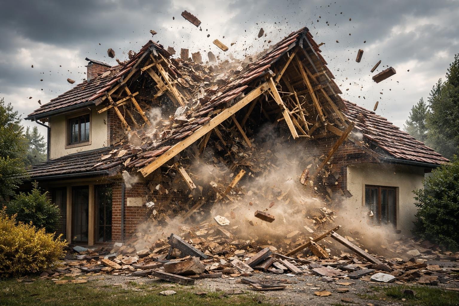 Telhado de uma casa residencial caindo, com destroços espalhados e céu nublado ao fundo.