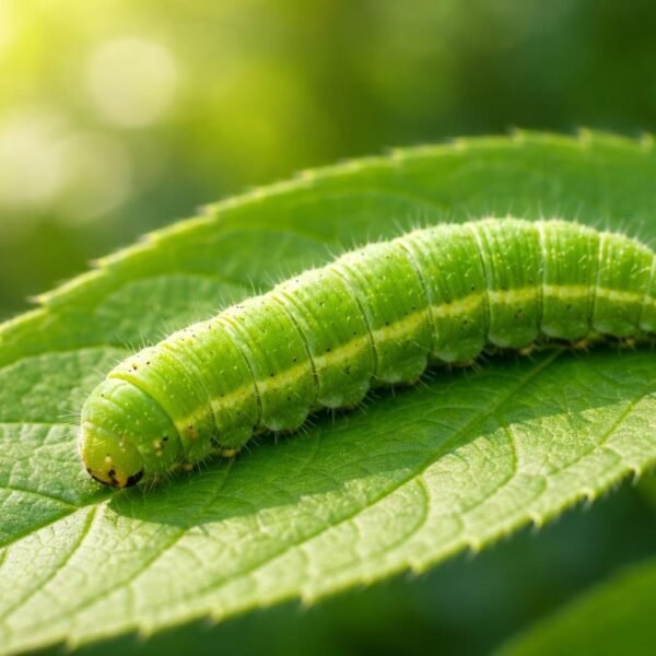 Uma lagarta verde descansando sobre uma folha verde em um ambiente natural ao ar livre.