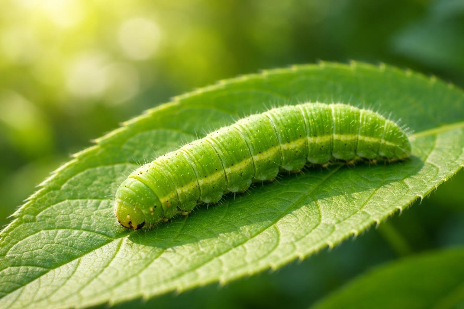 Uma lagarta verde descansando sobre uma folha verde em um ambiente natural ao ar livre.