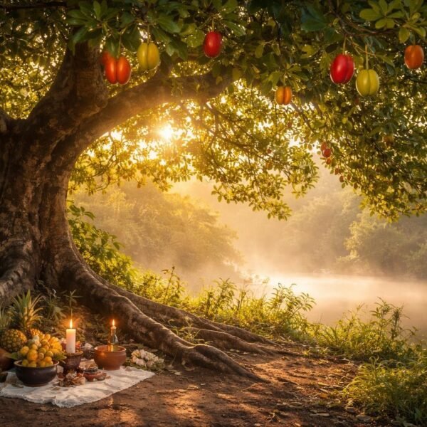 Uma árvore macumbeira com frutos maduros em um ambiente natural tranquilo, com luz suave do sol filtrando pelas folhas e elementos culturais discretos ao redor da base da árvore.
