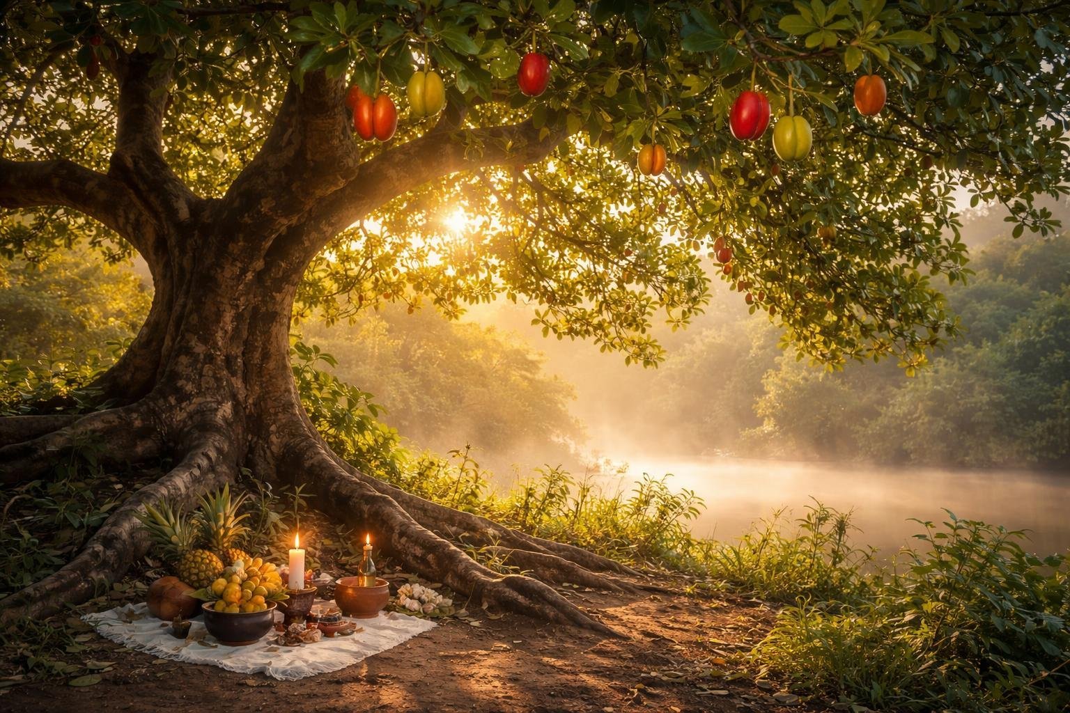 Uma árvore macumbeira com frutos maduros em um ambiente natural tranquilo, com luz suave do sol filtrando pelas folhas e elementos culturais discretos ao redor da base da árvore.