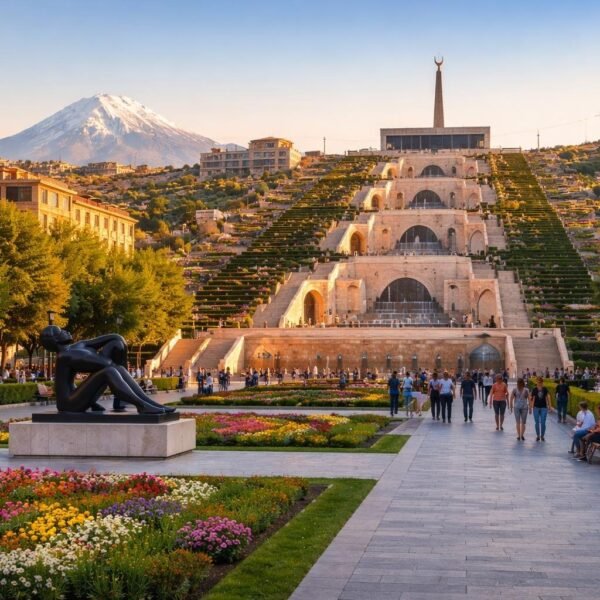 Vista panorâmica da cidade de Yerevan, capital da Armênia, com o complexo Cascade, árvores verdes e o Monte Ararat ao fundo sob céu azul.