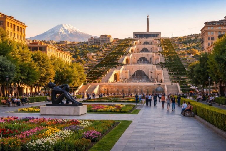 Vista panorâmica da cidade de Yerevan, capital da Armênia, com o complexo Cascade, árvores verdes e o Monte Ararat ao fundo sob céu azul.