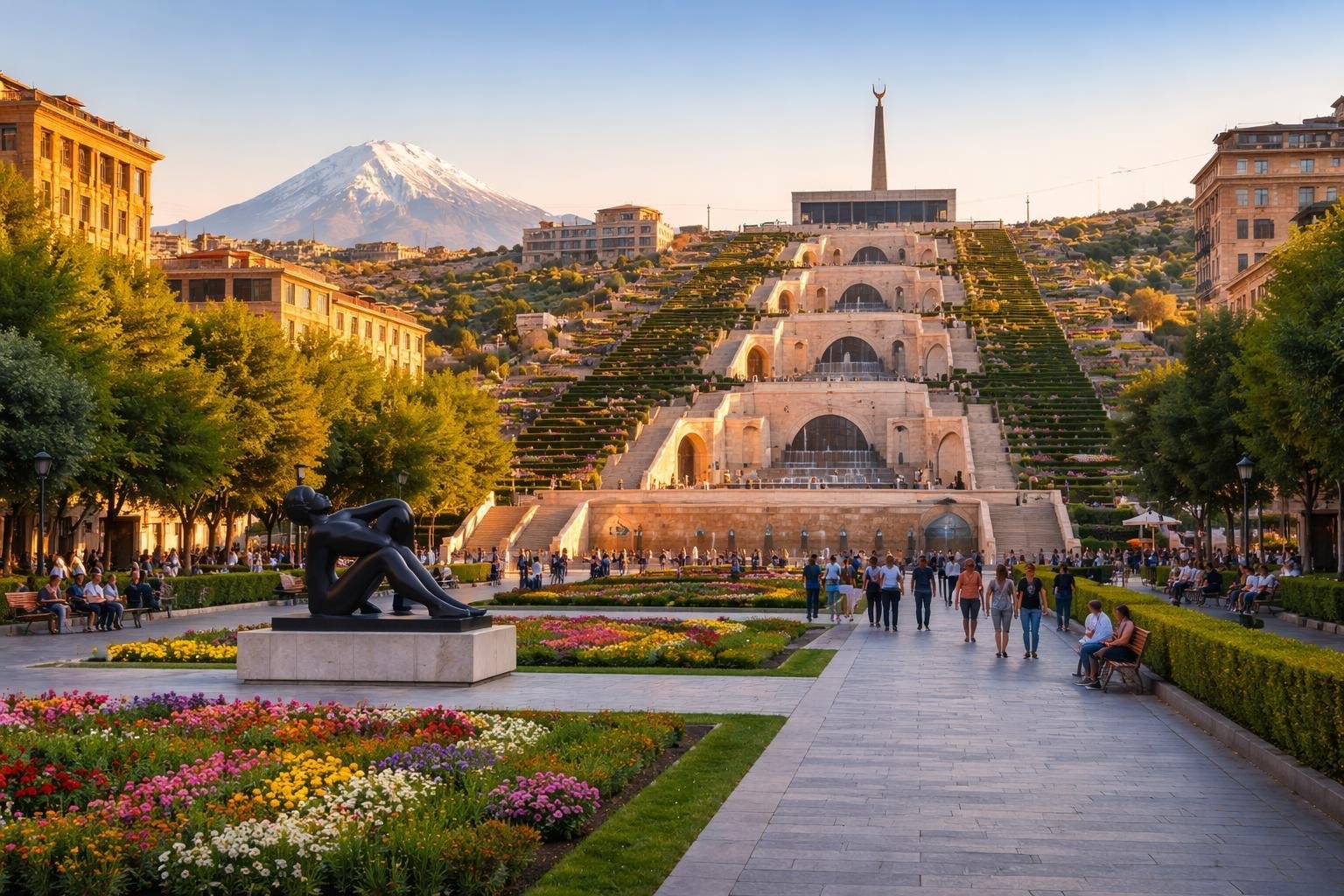Vista panorâmica da cidade de Yerevan, capital da Armênia, com o complexo Cascade, árvores verdes e o Monte Ararat ao fundo sob céu azul.