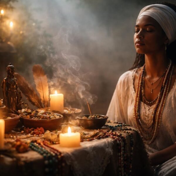 Pessoa sentada com os olhos fechados perto de um altar com velas e objetos ritualísticos em um ambiente tranquilo e iluminado suavemente.