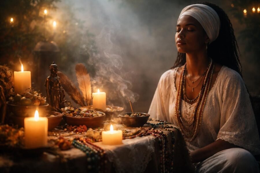 Pessoa sentada com os olhos fechados perto de um altar com velas e objetos ritualísticos em um ambiente tranquilo e iluminado suavemente.